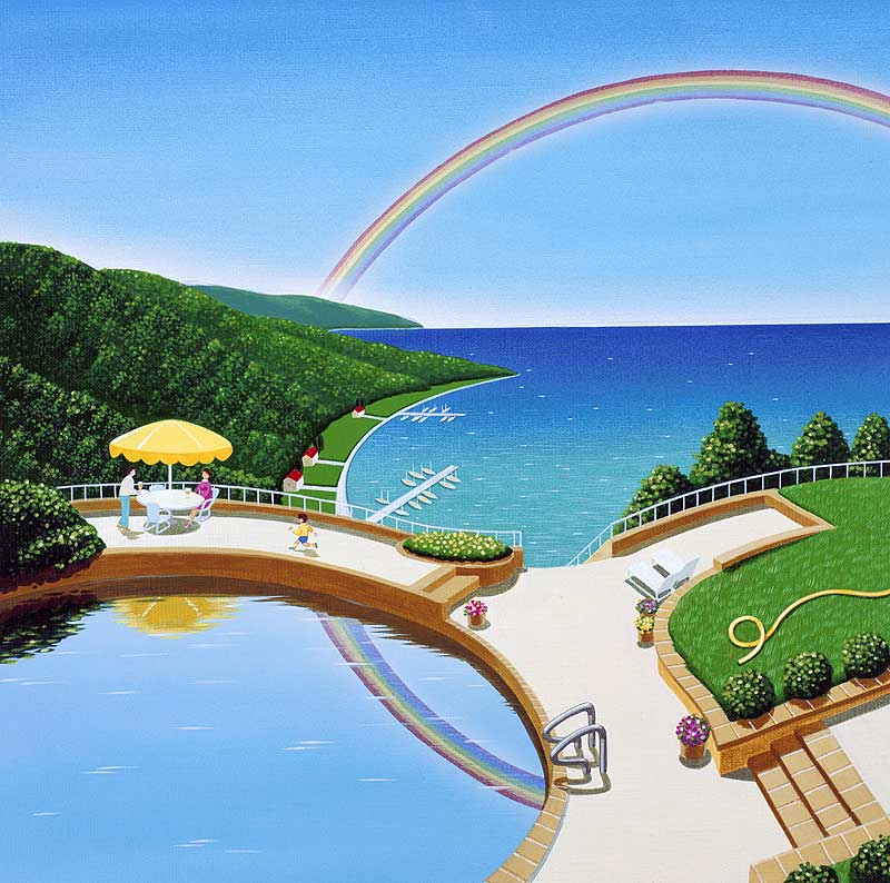 虹の見えるプールサイドイラスト　別荘のプールに映った虹　夏の風景イラスト