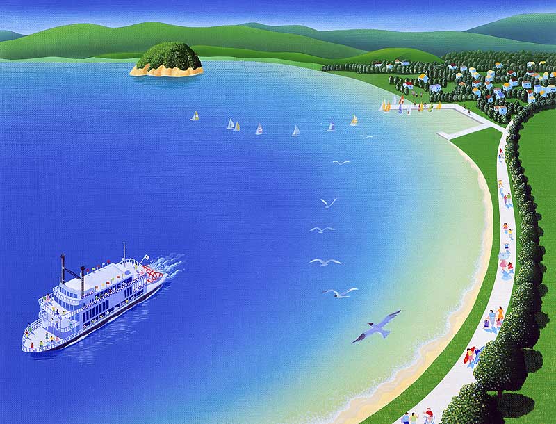 観光遊覧船イラスト 春の琵琶湖ミシガン周航と湖畔の風景