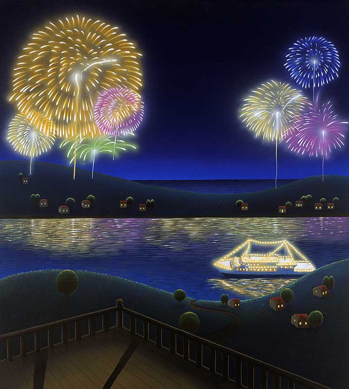 花火イラスト 夏の夜 花火と湖に浮かぶ遊覧船