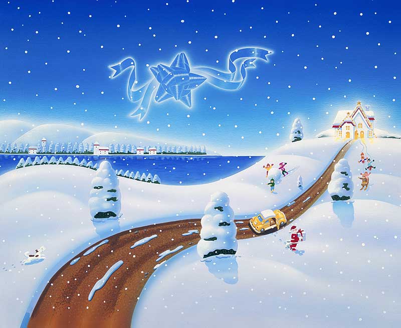 冬風景イラスト 雪景色のクリスマス リボンとサンタクロース