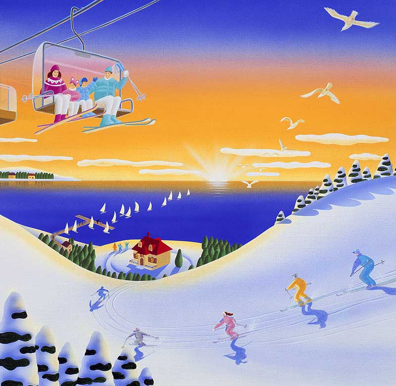 正月イラスト 初日の出スキーリフトに乗る親子のイラスト