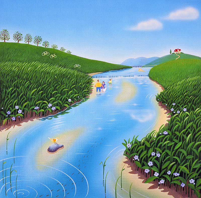 風景イラスト 春の小川で魚とりをする親子のイラスト
