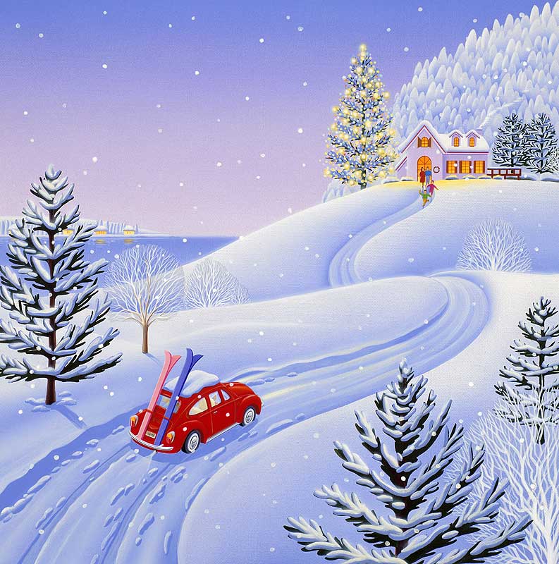 冬のドライブイラスト 赤い車で別荘に向うイラスト雪景色とツリー
