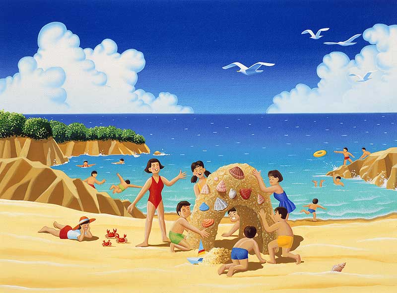 風景イラスト 夏砂浜で砂の城を作る子供達と入道雲の絵