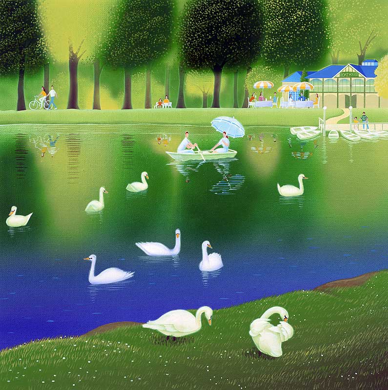 白鳥の湖イラスト 森の湖にボートで遊ぶカップルと白鳥の絵