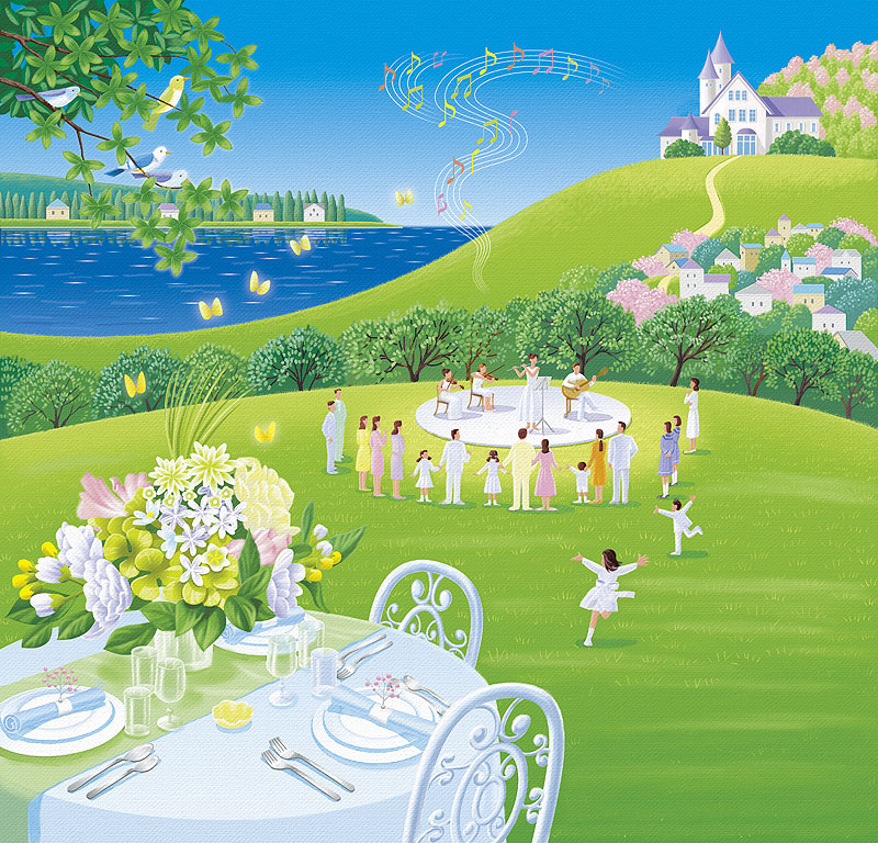 屋外コンサートイラスト 緑の丘の演奏会 春の花とテーブル