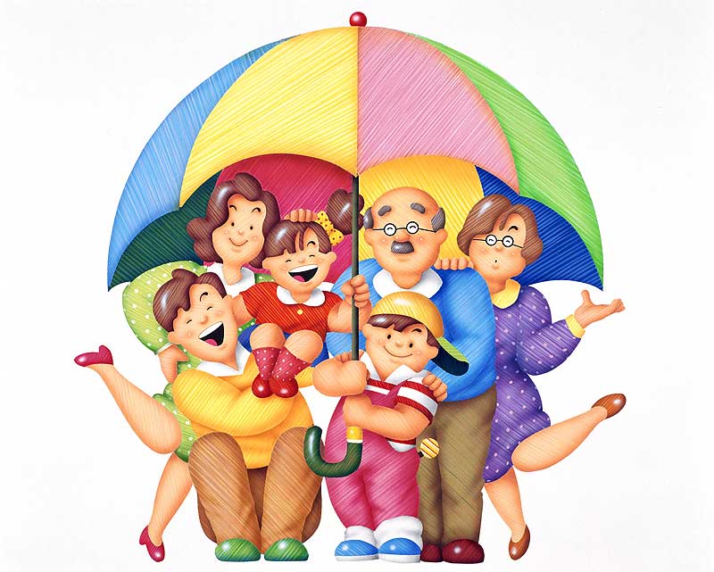 	
梅雨家族　一つの傘に入る仲良し家族のイラスト