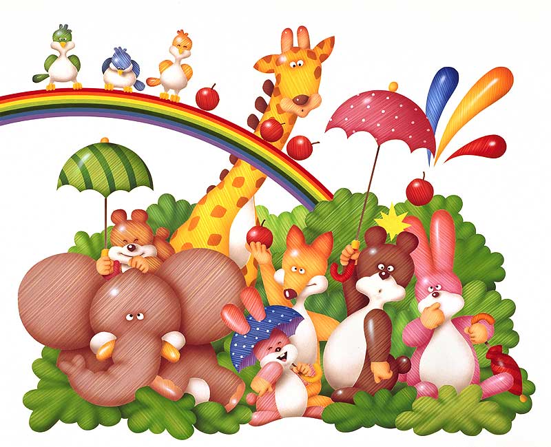 動物イラスト 傘と虹と森の中の動物達