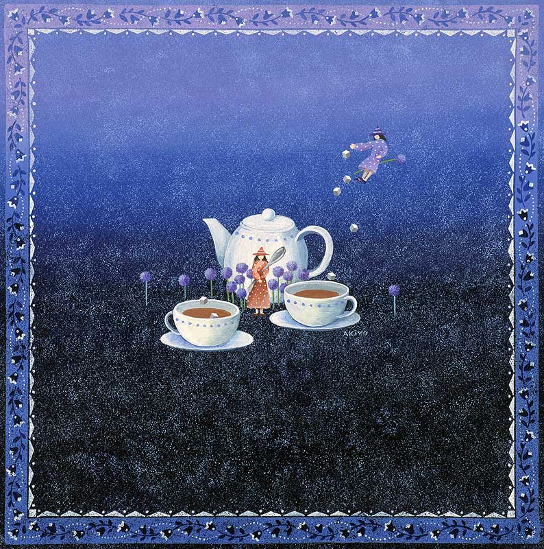 風景イラスト ティータイムにお茶や砂糖を入れる妖精
