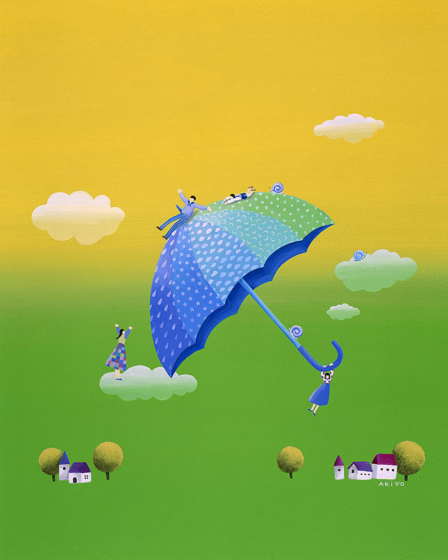 梅雨　雨傘と家族のイラスト　（手描きリキテックス）