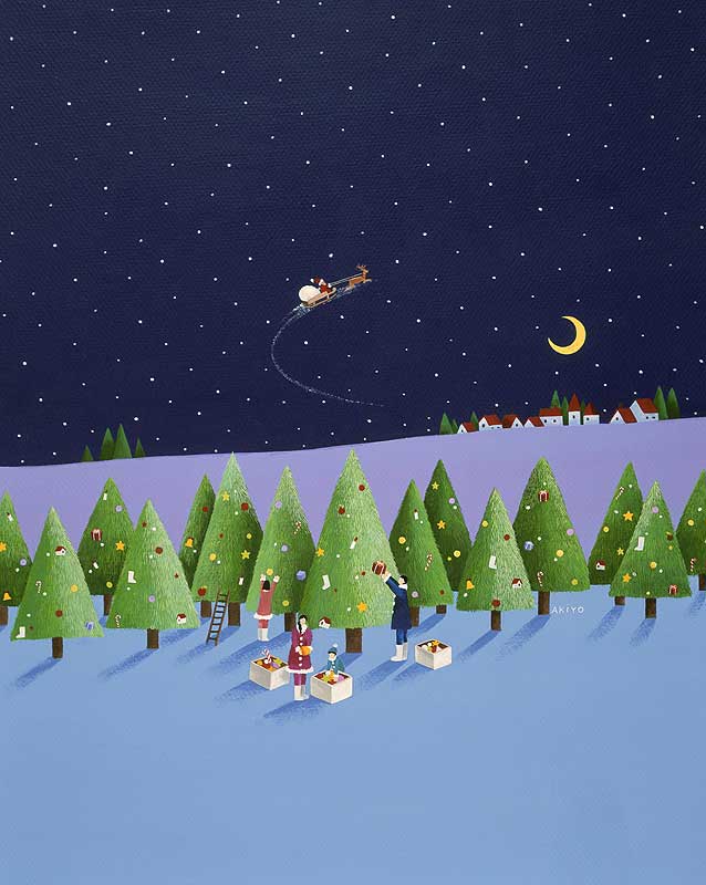 風景イラスト クリスマスイブにツリーに飾りをつける家族