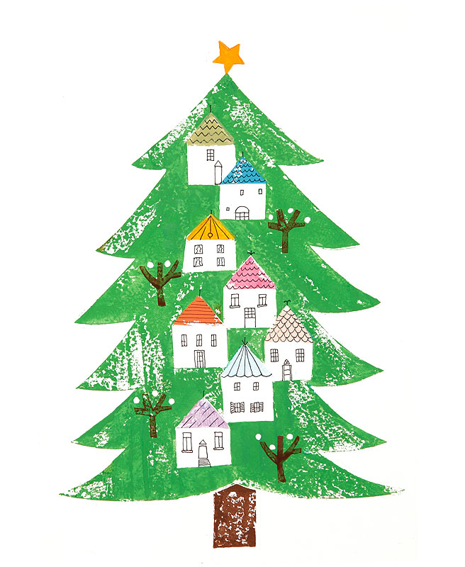 クリスマスイラスト 家が飾られたクリスマスツリー