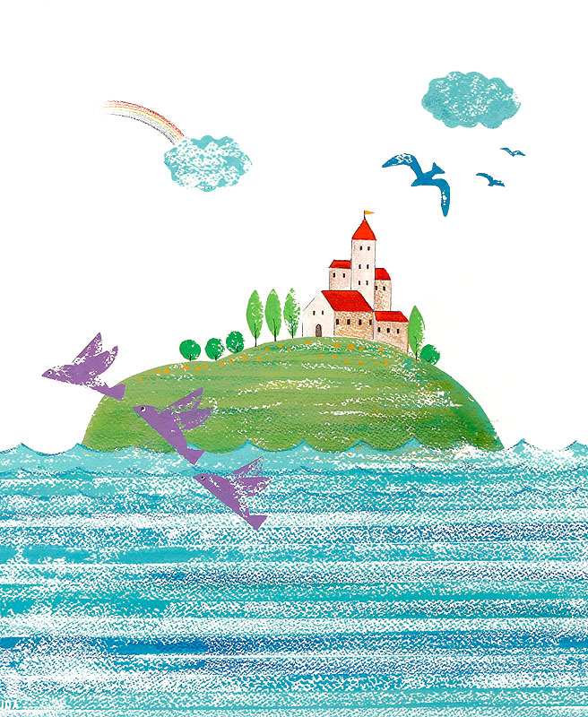 風景イラスト 海の中の島の家と紫色のトビウオ