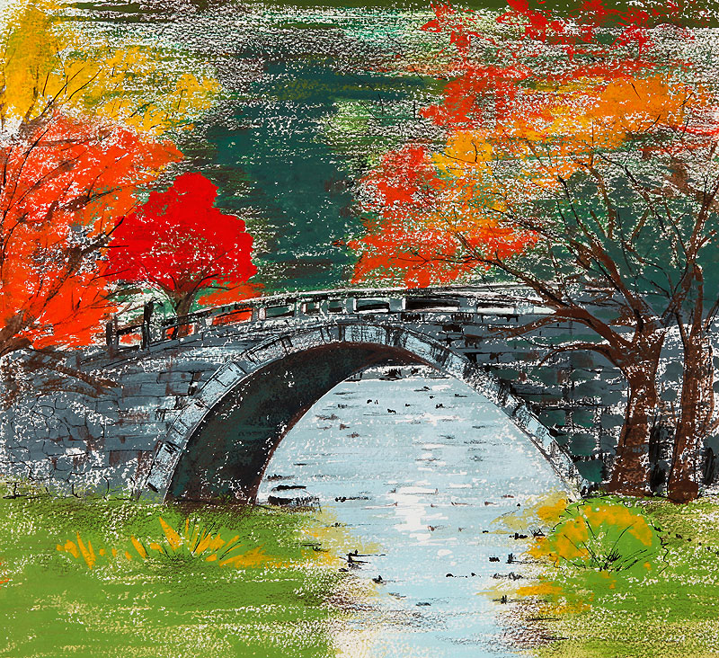 風景イラスト 紅葉した木と石の橋