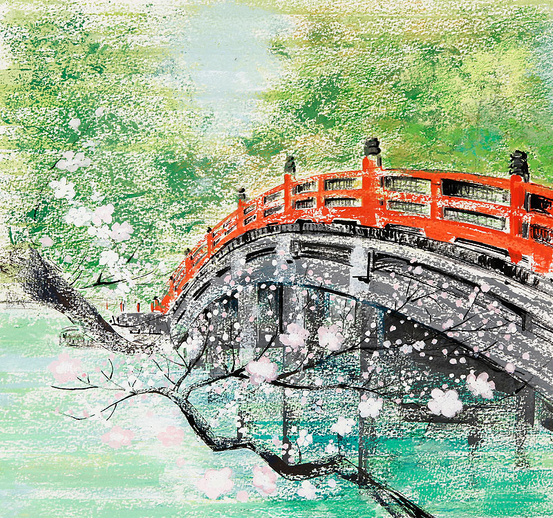 風景イラスト 桜の枝と朱色の橋