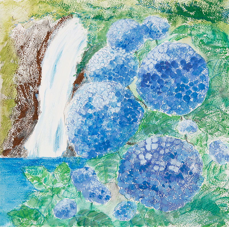 紫陽花と滝のイラスト　手描きパステル画