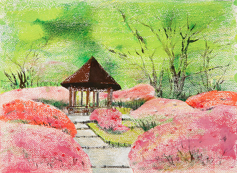 風景イラスト ピンクの花が咲く小道と東屋