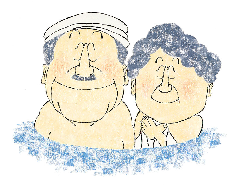 高齢者夫婦イラスト 露天風呂温泉で入浴する老夫婦