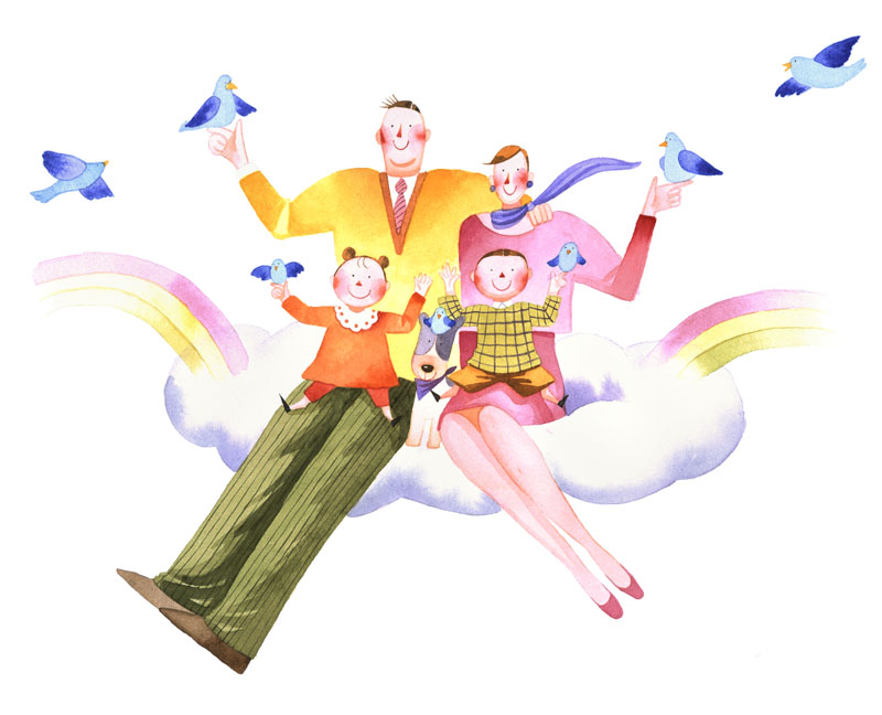 雲に乗る親子イラスト・水彩手描き家族画像