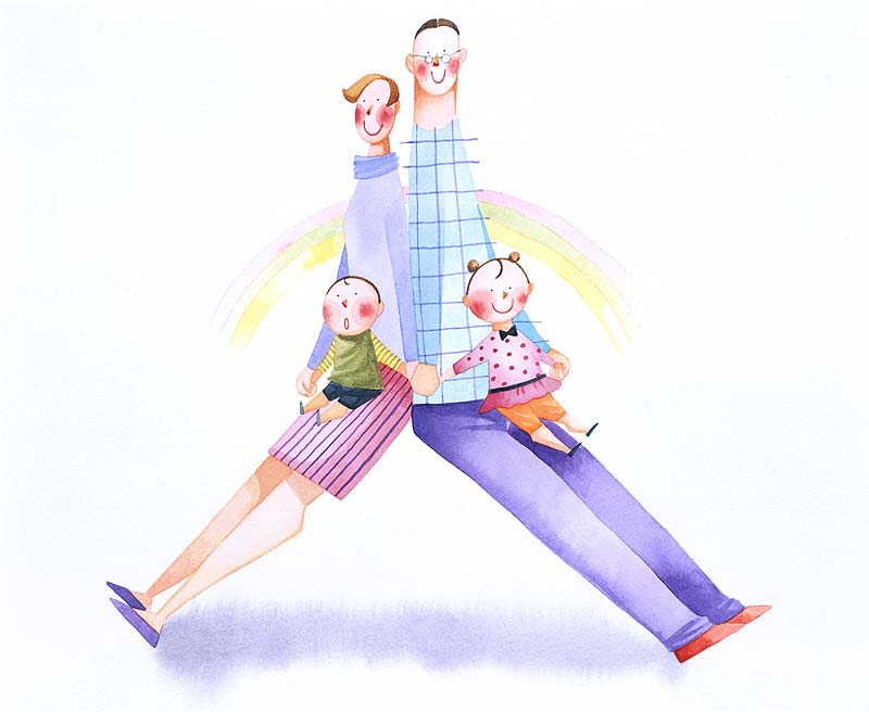 背中合わせポーズイラスト 家族水彩手描き親子イラスト