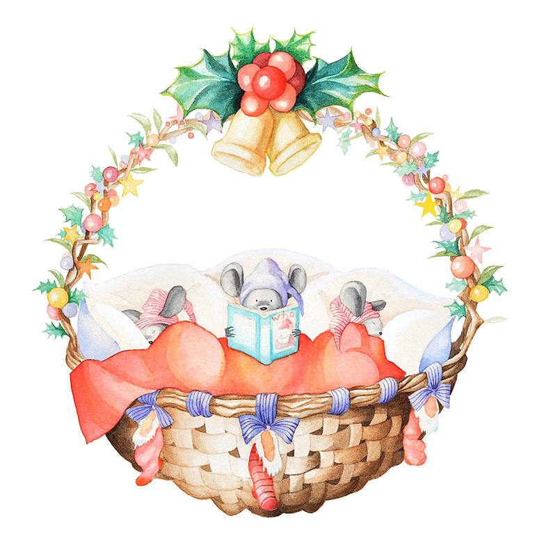 クリスマスイブイラスト　カゴの中で眠るネズミと本を読むネズミ