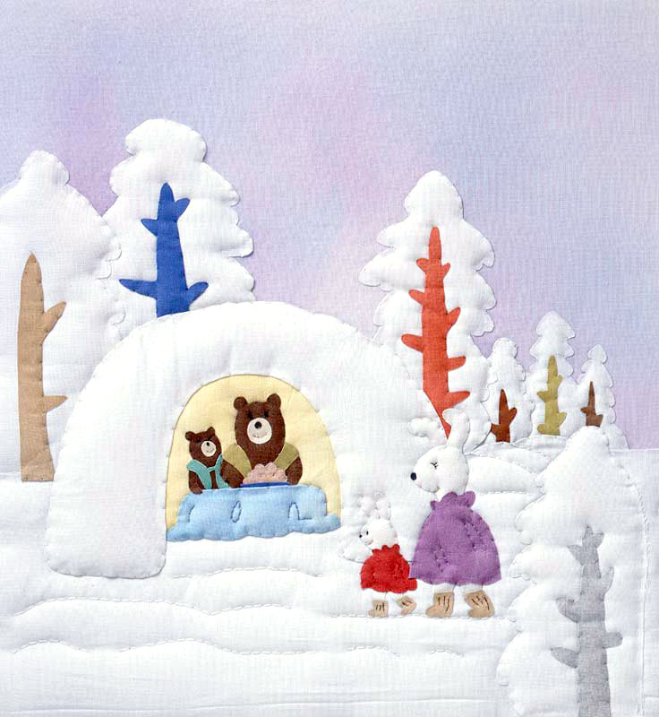 雪のかまくらと動物親子イラスト かまくらのこたつで温まるクマとウサギの
