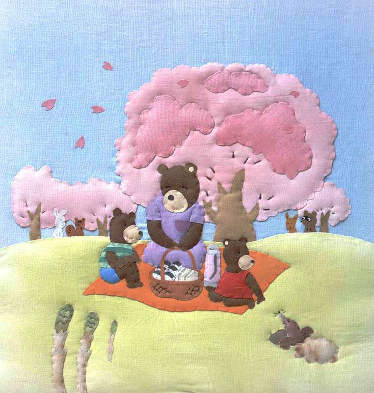 春にお花見するクマ親子イラスト 桜の木の下でお花見ピクニックするクマ