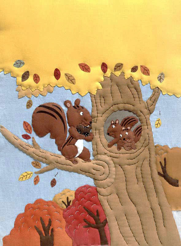 秋の動物親子の風景イラスト どんぐりを食べるリスの親子と紅葉する