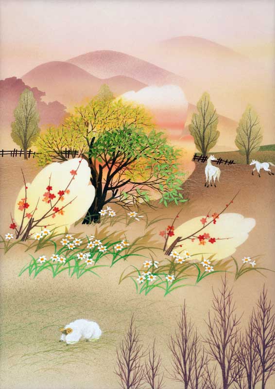 風景イラスト ３月 梅や水仙が咲く春で遊ぶ 大沼公園