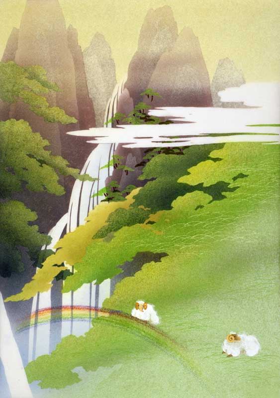 和風イラスト　５月〜羽衣の滝にかかる虹に羊　層雲峡