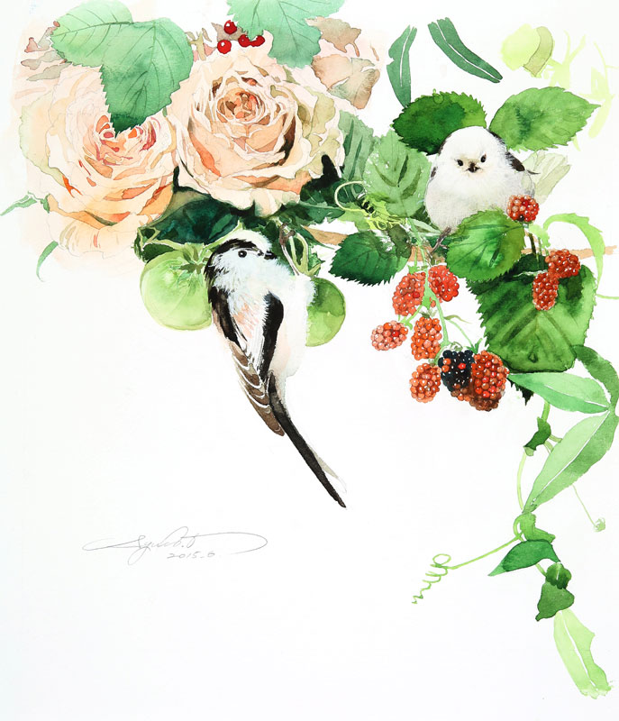 植物 花 水彩画イラスト エナガ鳥とアプリコットローズ ブラックベリー