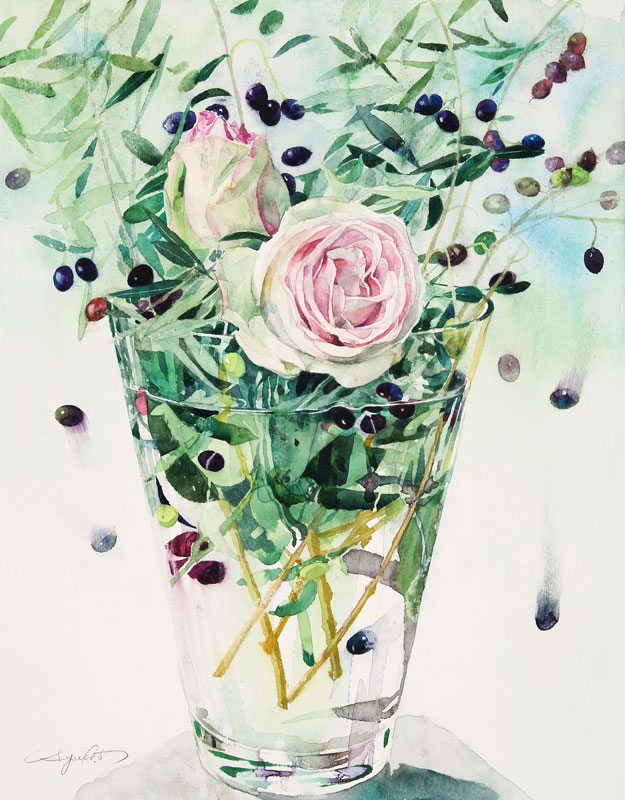 植物 花 水彩画イラスト ガラス花瓶に活けられたピンクのバラと完熟オリーブ