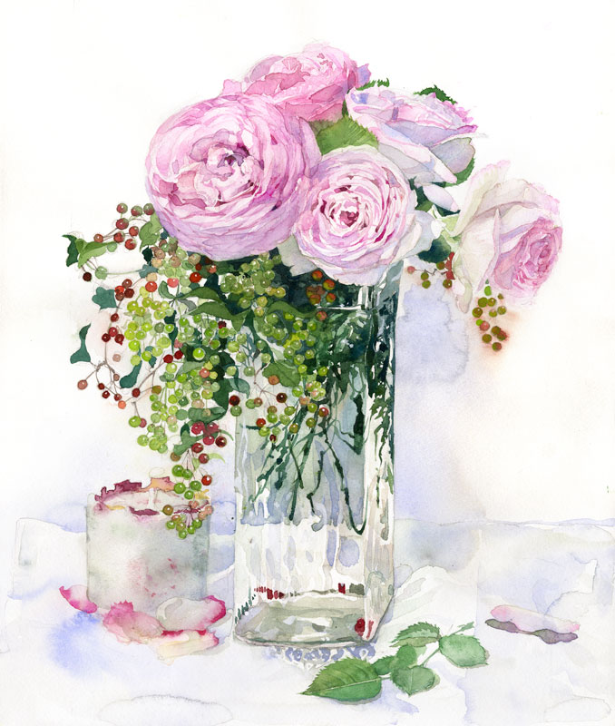 植物 花 水彩画イラスト ガラス花瓶のバラの花とキャンドル