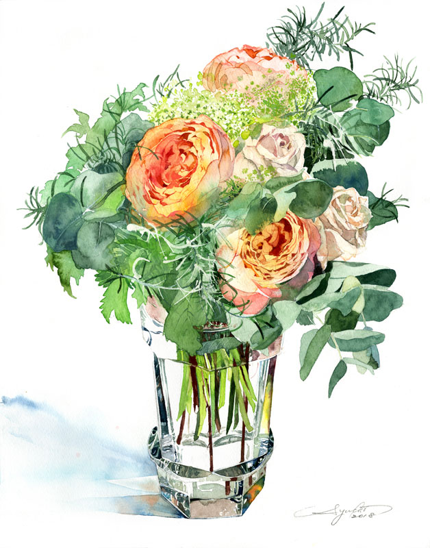 植物 花 水彩画イラスト バラの花 ユーカリが生けられたガラス花瓶