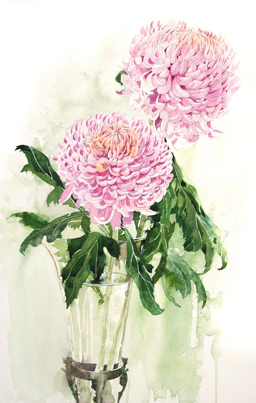 植物・花 水彩画イラスト アイアンガラス花瓶に生けられた2輪の