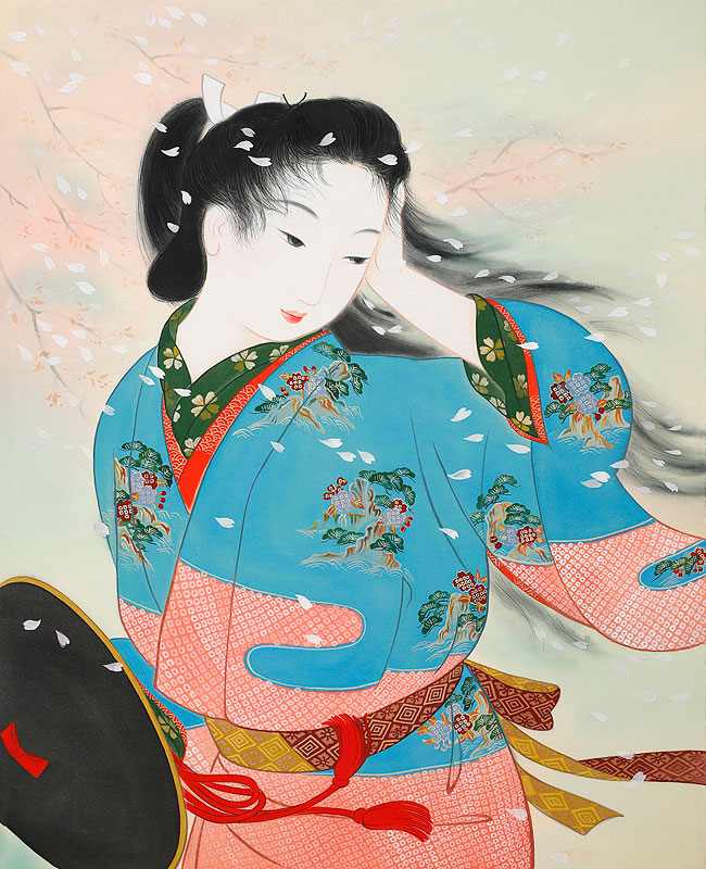 美人画イラスト 春 桜吹雪と女性