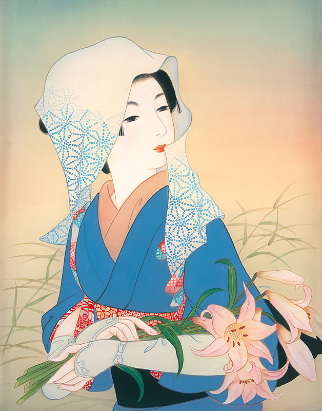 女性イラスト 美人画 笹ゆりの花を持つ着物姿の女性