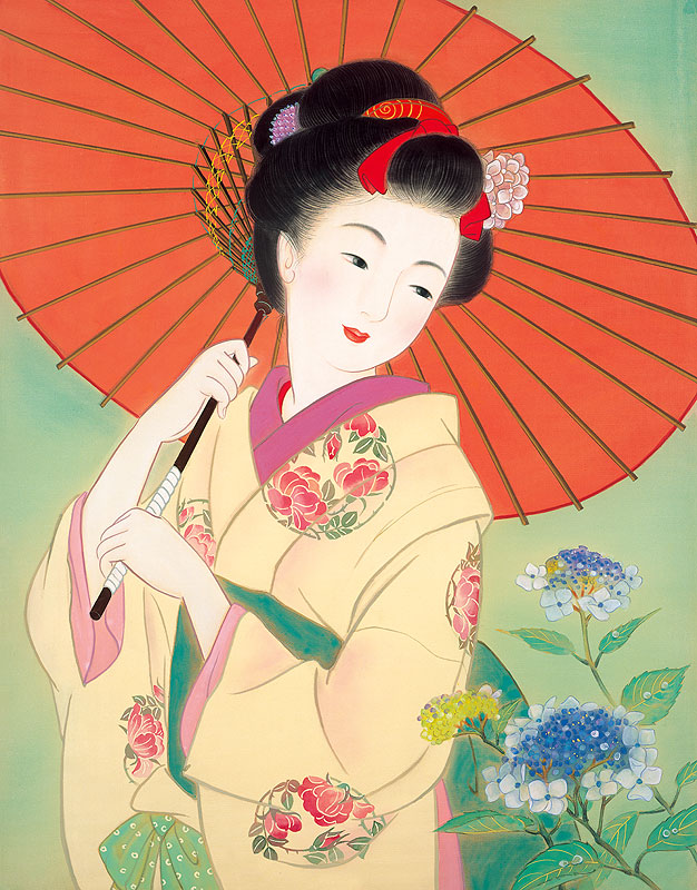 女性イラスト 美人画 梅雨の紫陽花と和傘をさす女性