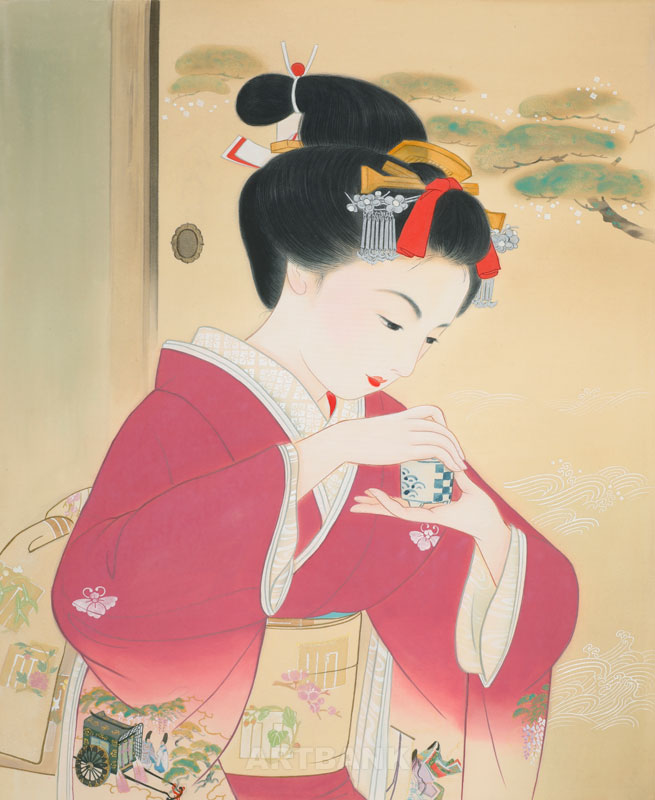 聞香イラスト　日本画の美人　新春・お香を愉しむ女性