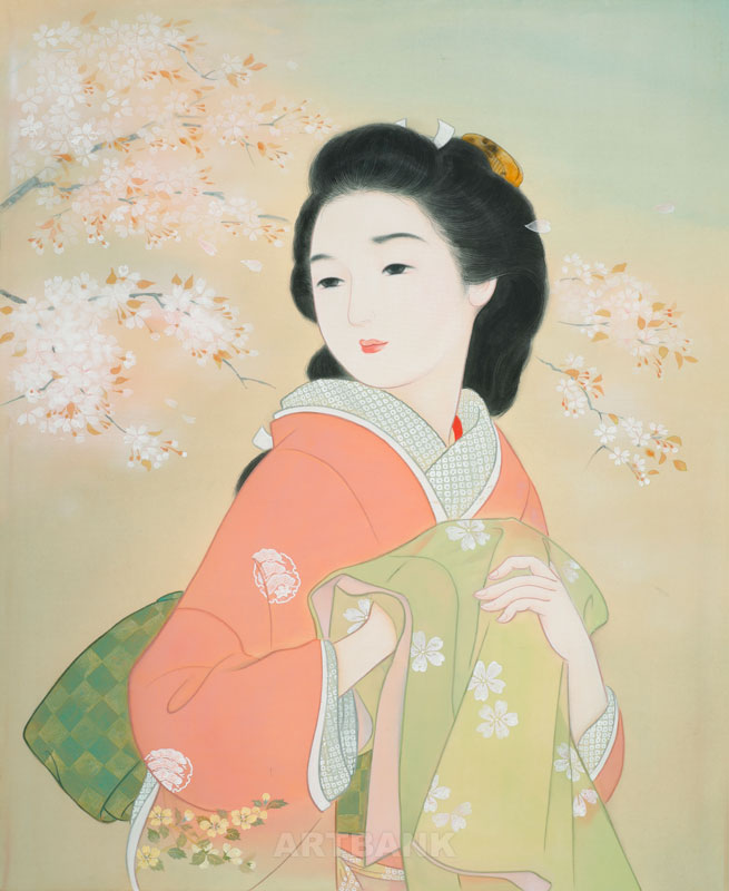 桜とキモノ女性の美人画イラスト　春・花見を愉しむ女性