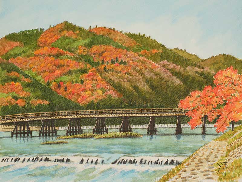 風景イラスト 水彩 京の四季 嵐山 渡月橋 右京