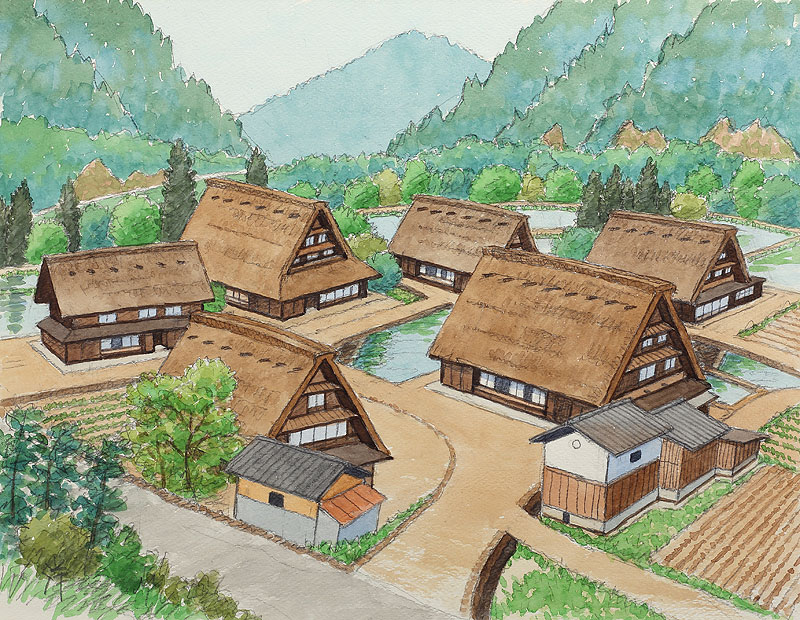 五箇山の合掌造りイラスト 富山県東南砺市