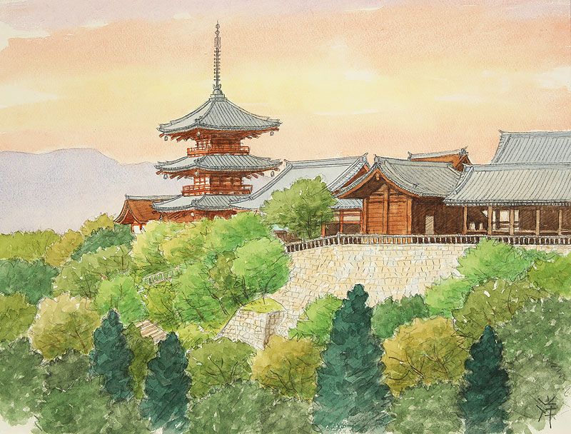 清水寺五重塔イラスト 初夏 京都市東山区清水