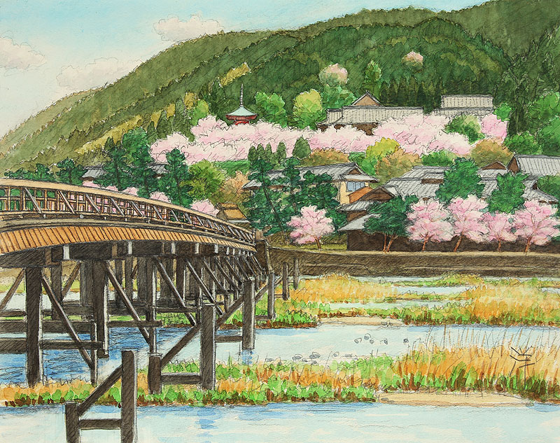 嵐山渡月橋 法輪寺イラスト 春 京都市右京区