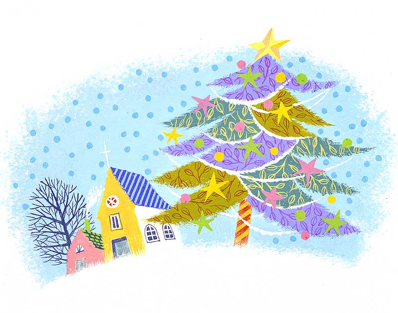 クリスマスイラスト 教会の前のクリスマスツリー