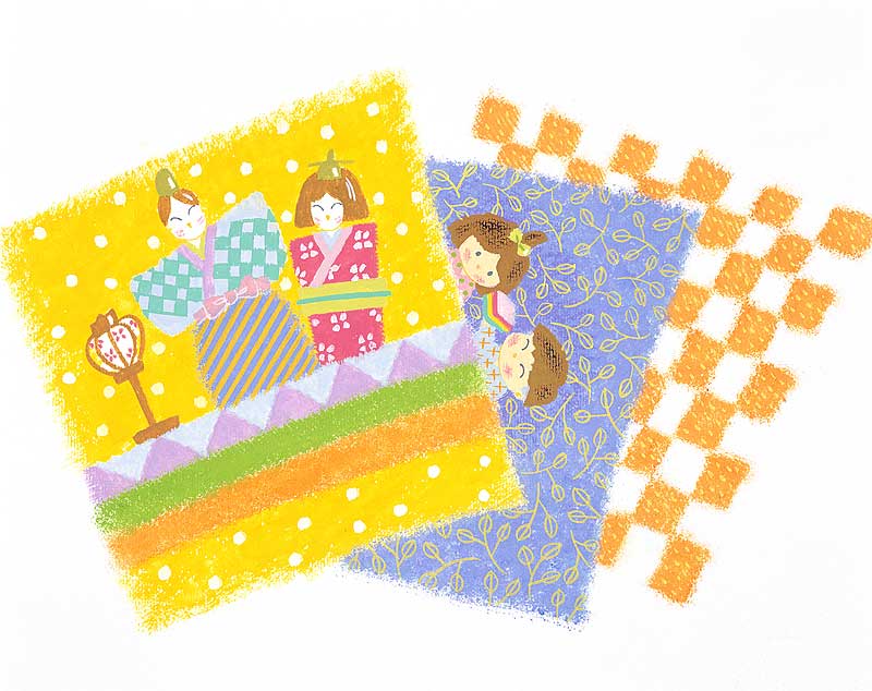 和風・ひな祭りイラスト　ひな祭りの折り紙3枚と子ども
