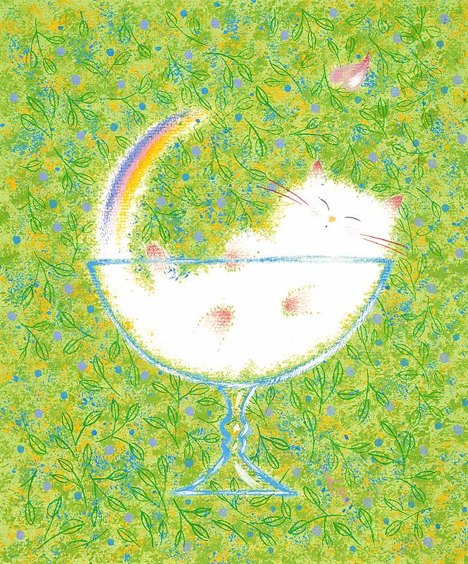 動物 猫イラスト グラスの中の虹シッポの白猫と飛ぶハート