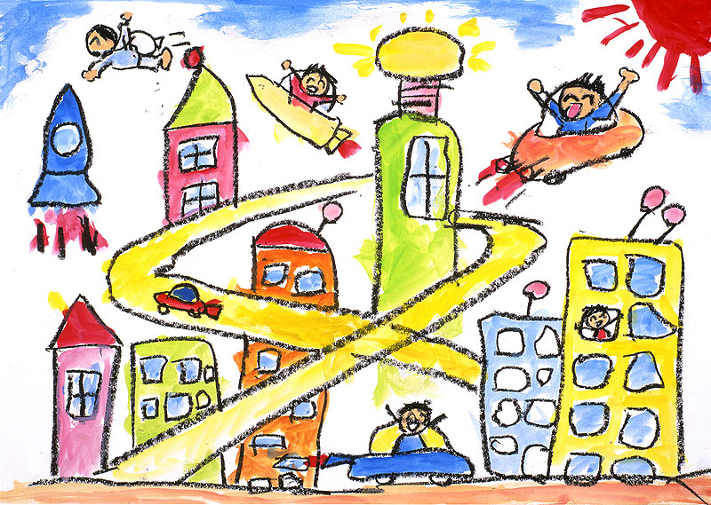 子供イラスト ロケットや車が飛び交う近未来の街