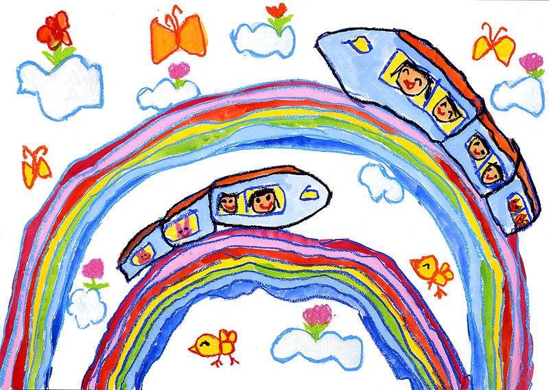 子供イラスト ２本の虹の線路を走る電車
