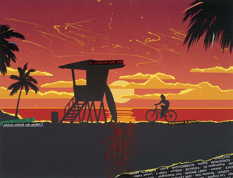 赤い夕陽のビーチ手描きイラスト シルエット